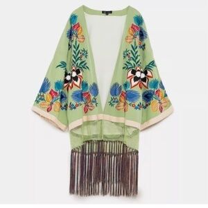 Zara Trafaluc Embroidered Kimono with Fringe